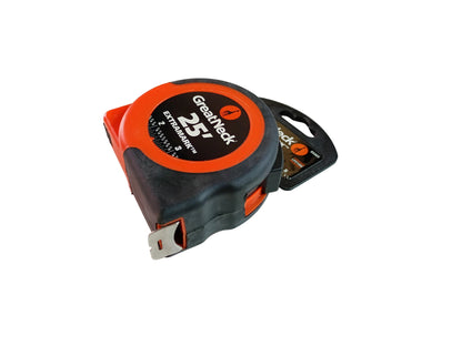 A Great Neck 25-inch tape measure with a black and orange casing, shown with its retail hang tag on a white background.