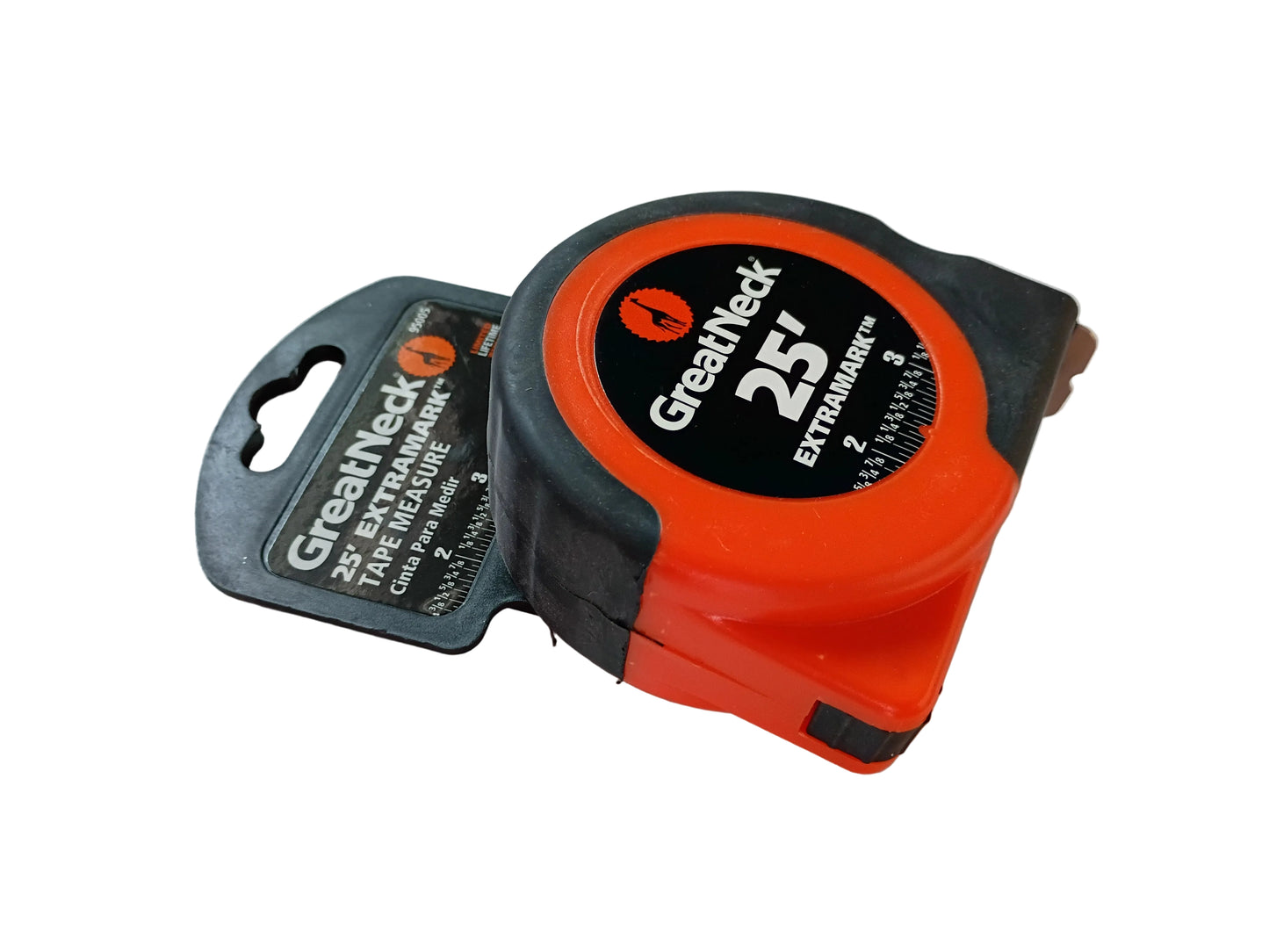 A Great Neck 25-foot tape measure in its retail packaging, featuring a bright orange and black plastic housing with a black backing card.
