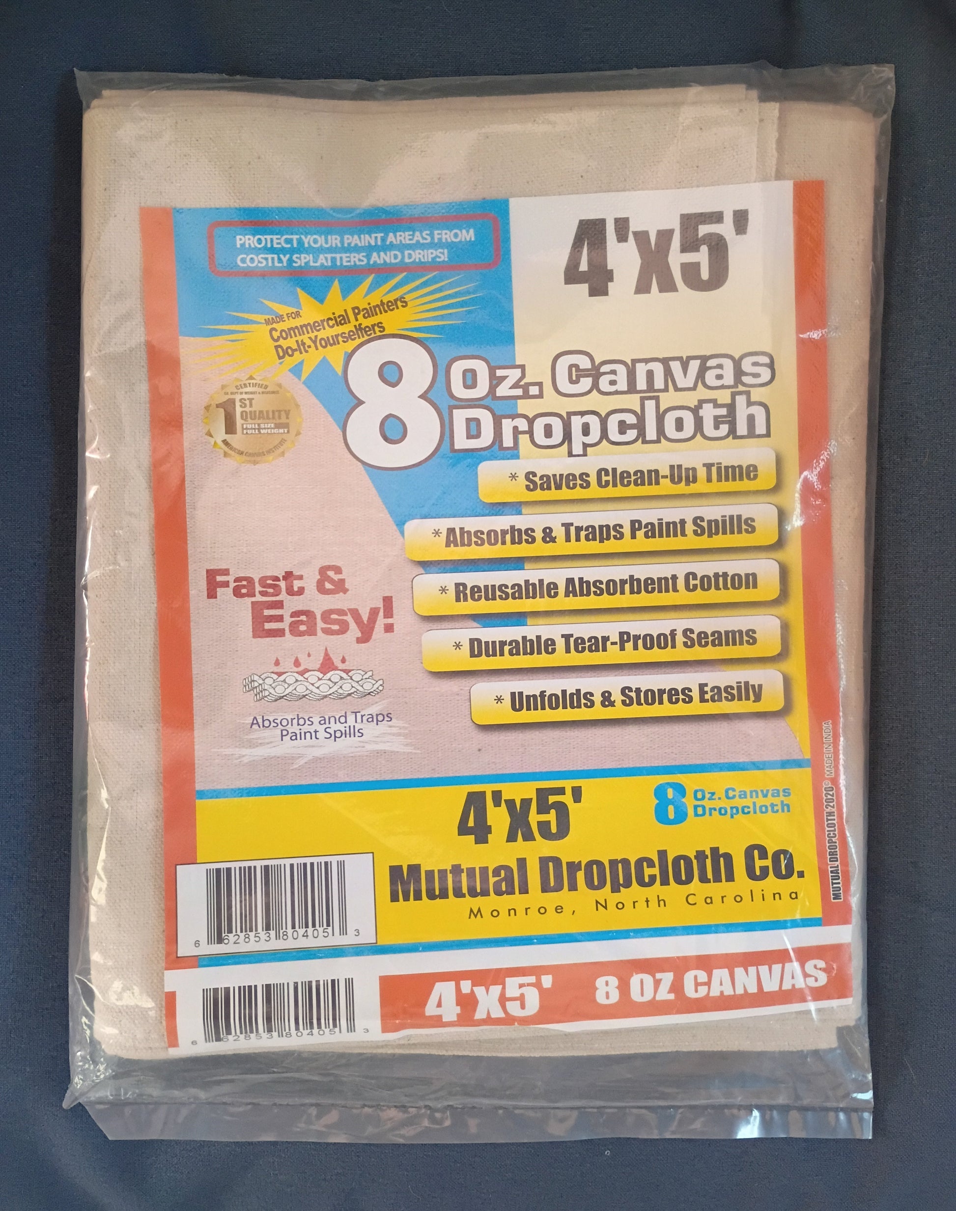 A packaged 4x5 foot 8 oz canvas dropcloth by Mutual Dropcloth Co., wrapped in clear plastic with a colorful paper label showing product details and specifications.