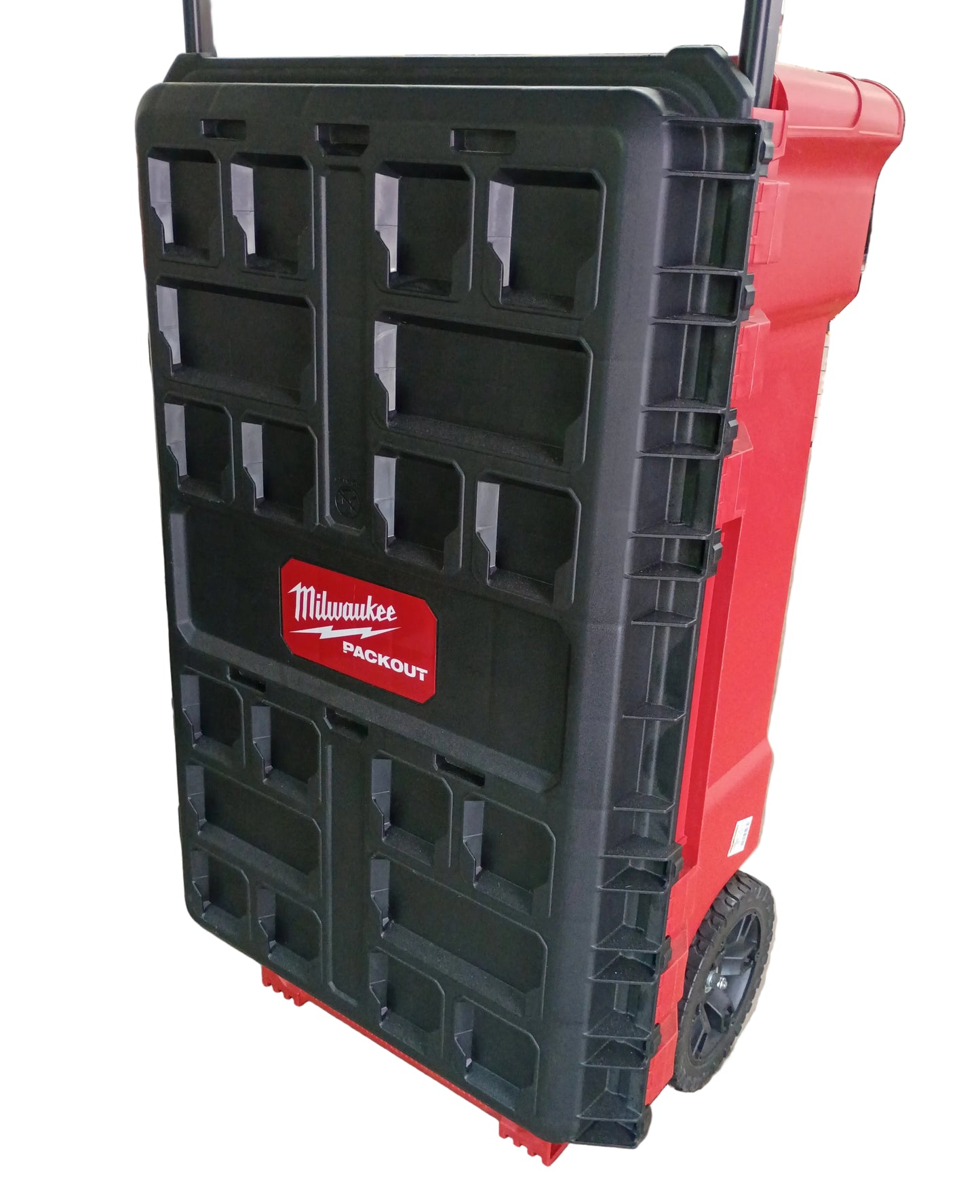 A black and red Milwaukee rolling tool box sitting upright on it's wheels. Shown on a white background.