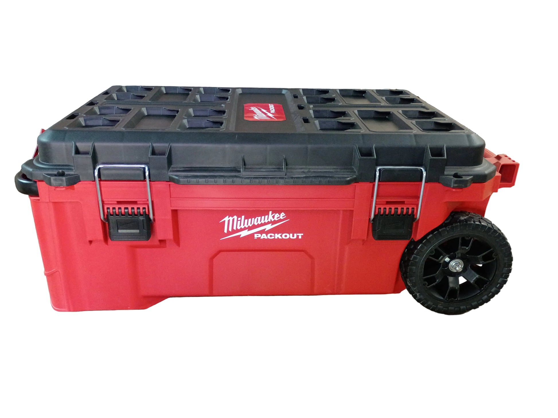 A Milwaukee Packout rolling cooler in red and black, shown with a white background.
