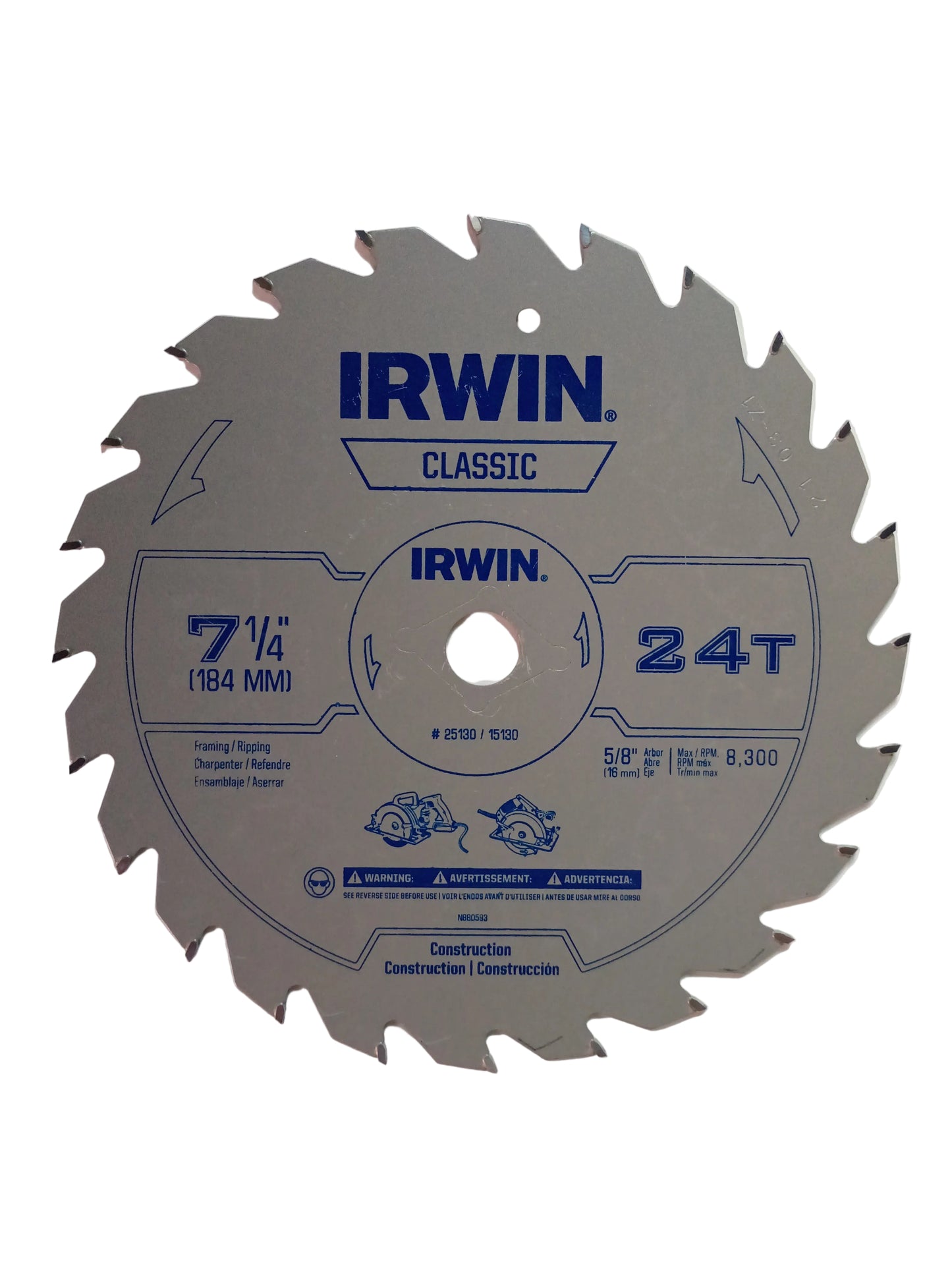 An Irwin Classic 24T circular saw blade, 7 1/4 inches (184 mm) in diameter, shown against a plain off-white background.