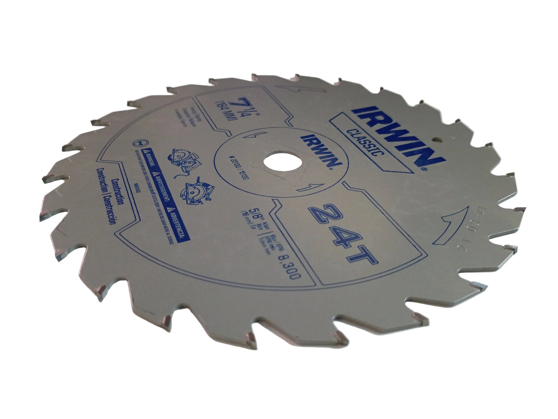 An Irwin 7-1/4 24T circular saw blade with blue printed text and graphics on a metallic silver-gray finish, shown at an angle, on a plain white background.