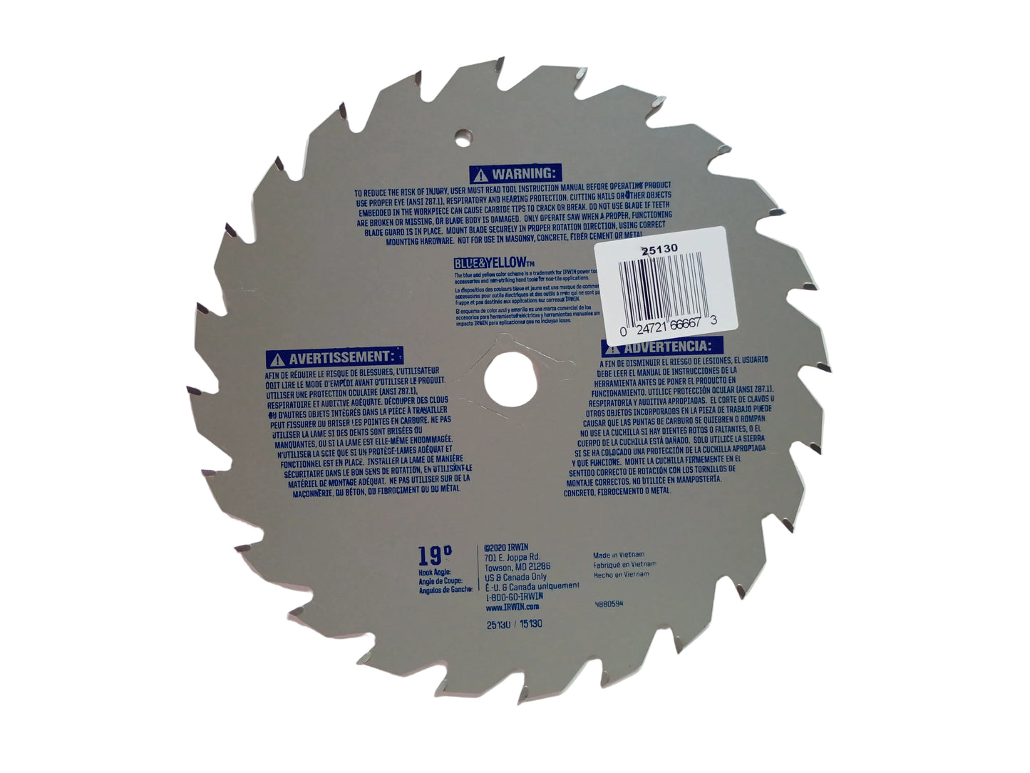 A 19-degree circular saw blade with a silver metal body, featuring blue printed safety instructions and a white barcode sticker on the side, shown on a white background.
