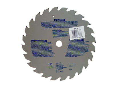 A 19-degree circular saw blade with a silver metal body, featuring blue printed safety instructions and a white barcode sticker on the side, shown on a white background.