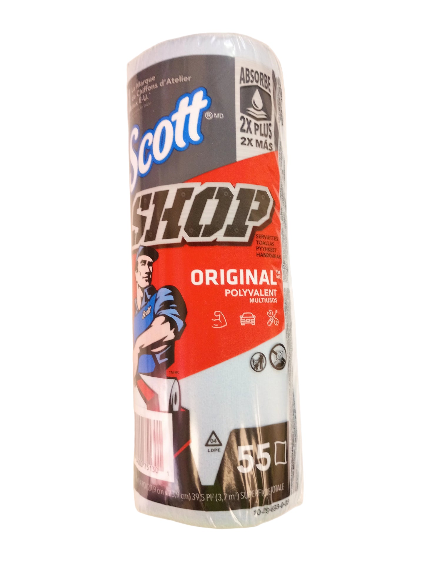 A roll of Scott Shop Original Polyvalent Paper towels, size 55, wrapped in clear plastic on a white background.