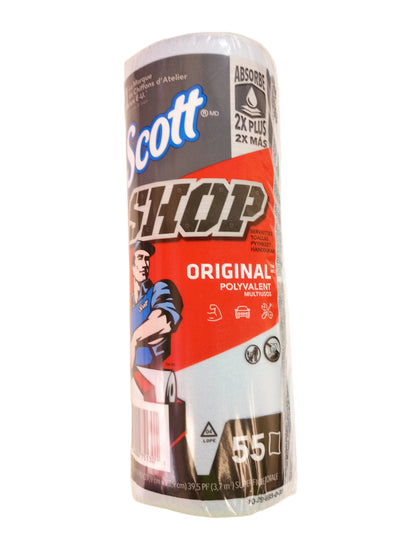A roll of Scott Shop Original Polyvalent Paper towels, size 55, wrapped in clear plastic on a white background.
