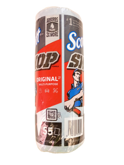 A roll of Scott Shop Original Multi-Purpose wallpaper adhesive, wrapped in clear plastic and featuring a red, gray, and white label with a cartoon illustration.