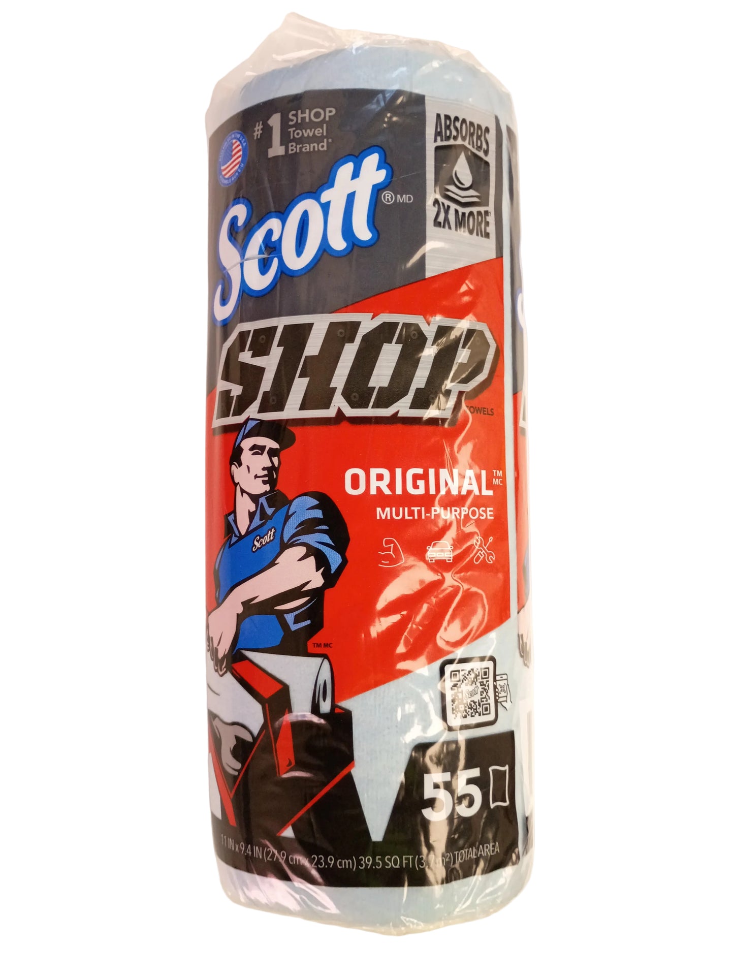 A roll of Scott Shop Original Multi-purpose paper towels wrapped in clear plastic, standing upright on a white surface.