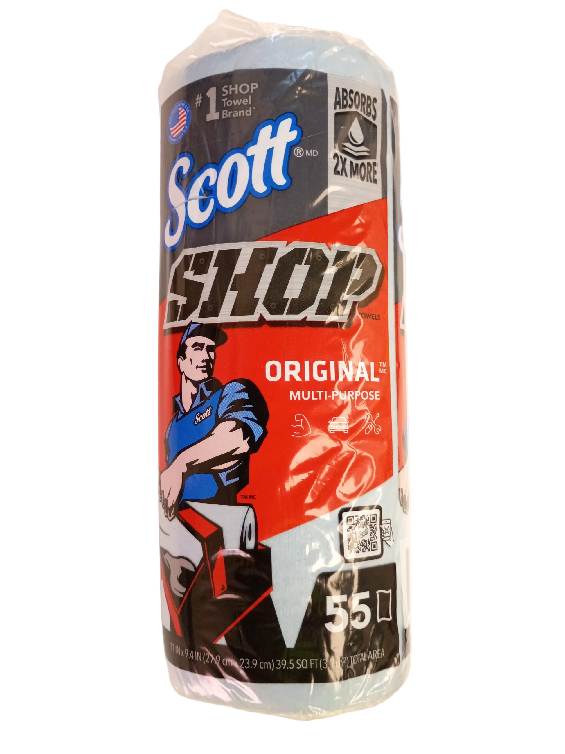 A roll of Scott Shop Original Multi-purpose paper towels wrapped in clear plastic, standing upright on a white surface.