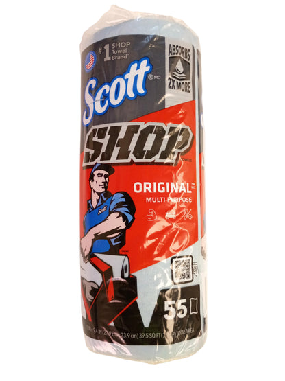 A roll of Scott Shop Original Multi-purpose paper towels wrapped in clear plastic, standing upright on a white surface.