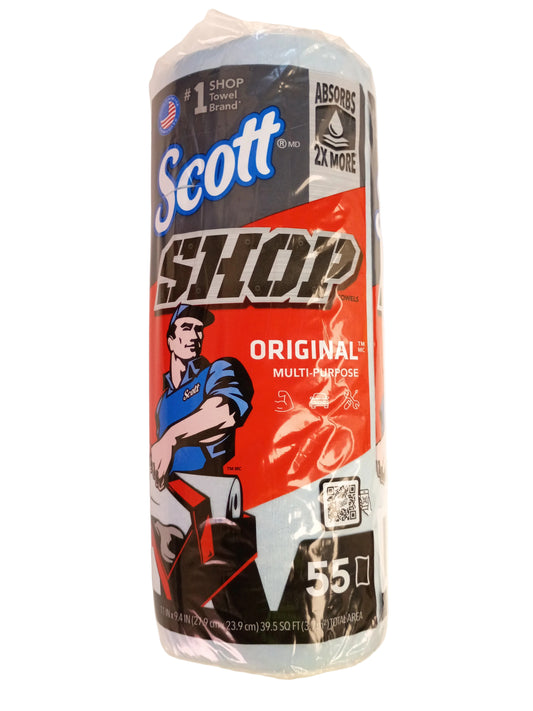 A roll of Scott Shop Original Multi-purpose paper towels wrapped in clear plastic, standing upright on a white surface.