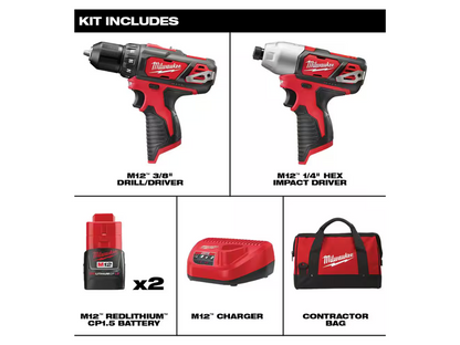 Milwaukee — M12 2-Tool Combo Kit (3/8" Drill Driver & 1/4" Impact Driver) — 2 x 1.5Ah Batteries, Charger & Bag