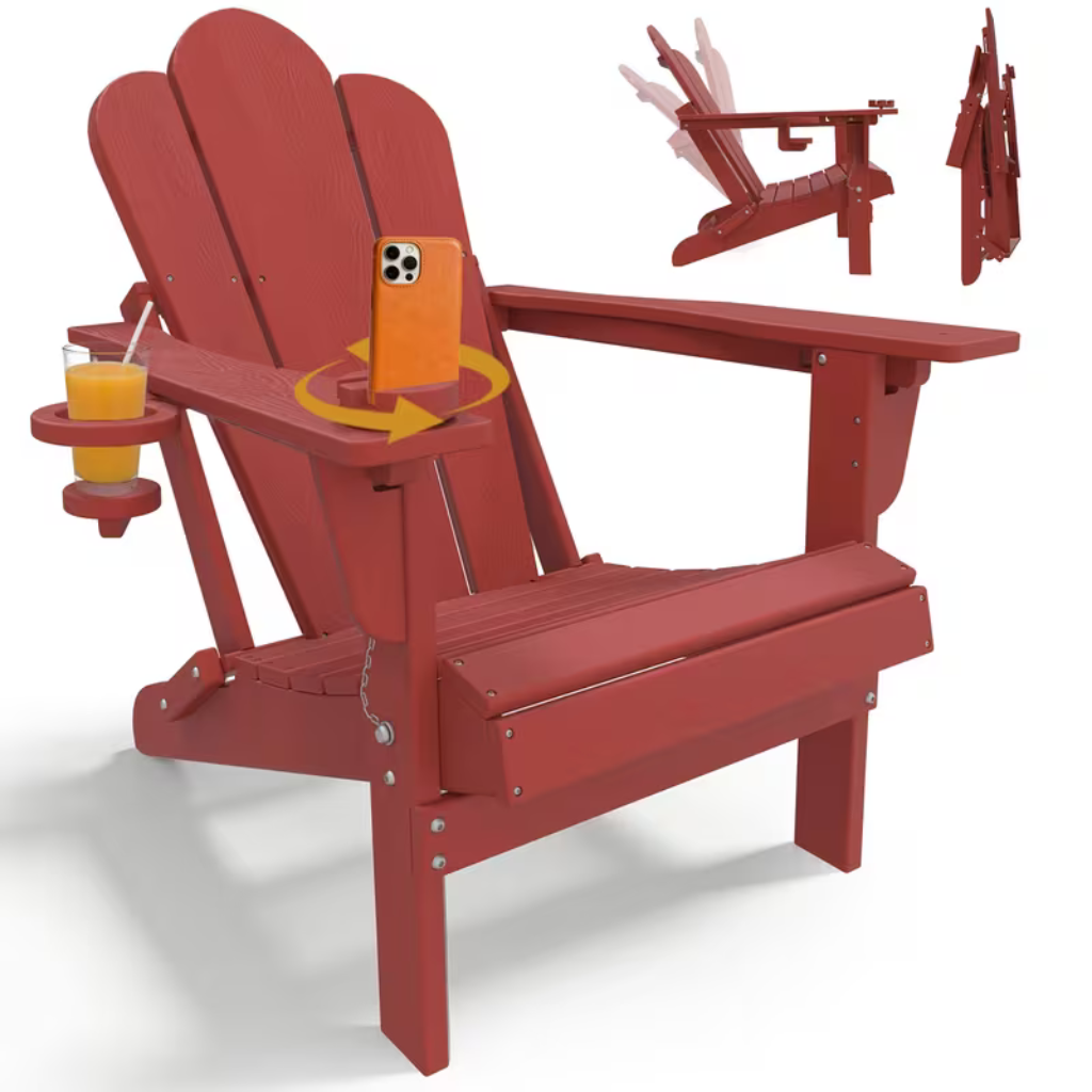 All-Weather Folding HDPE Adirondack Chair with Built-In Cup & Phone Holder