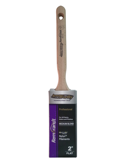 A 2-inch Arroworthy flat paint brush with a light wood handle and a black and purple Rembrandt Medium Blend Nylon filament bristle paint brush in a sleeve, shown against a white background.