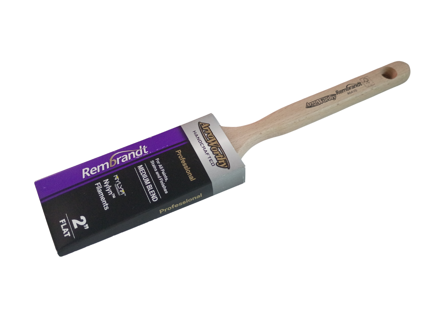 A 2-inch Arroworthy Rembrandt flat paint brush featuring a purple, black, and silver package with a natural wood handle, shown on a white background.
