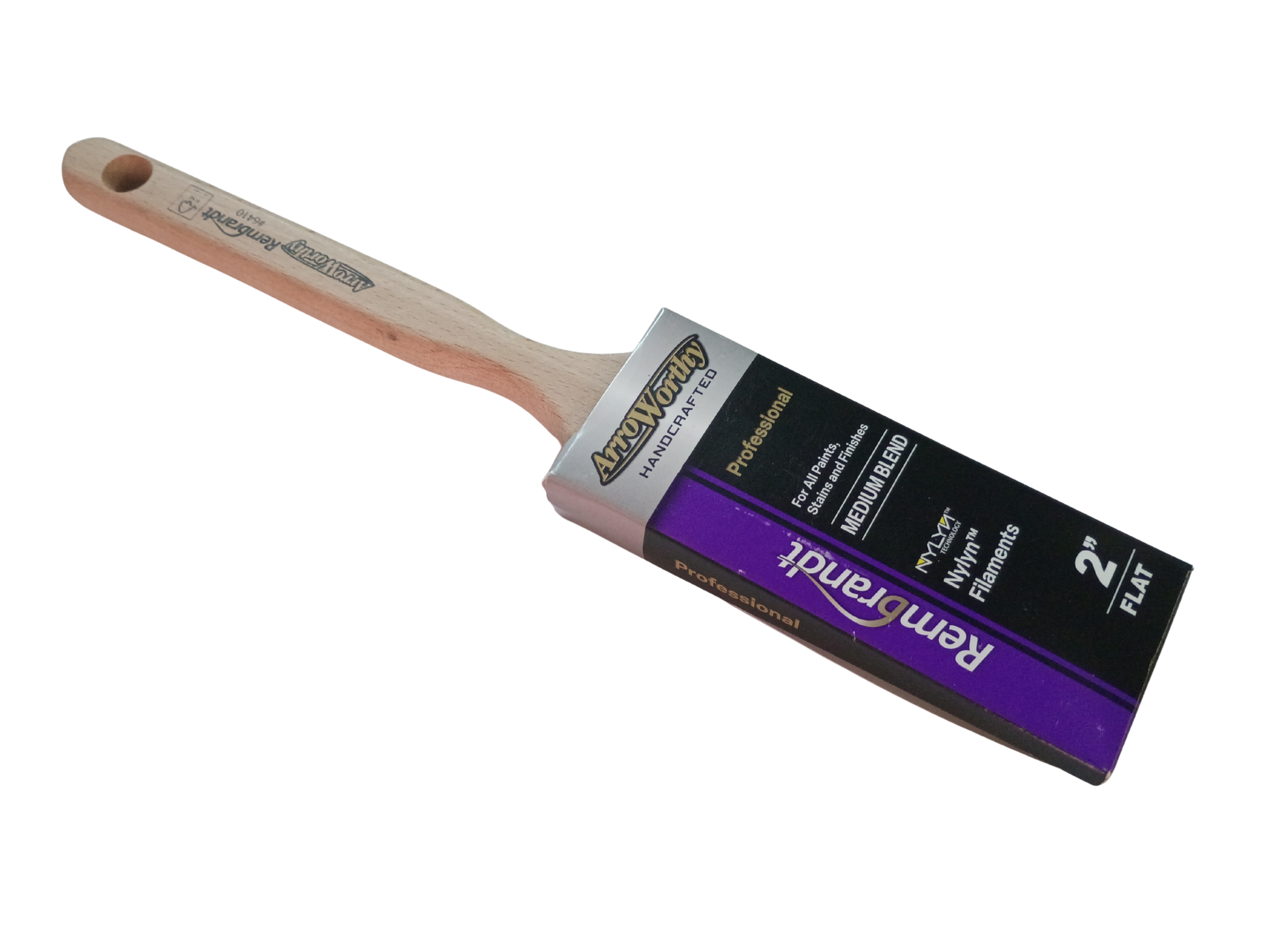 A 2-inch Arroworthy Rembrandt paint brush with a light wood handle and a black and purple sleeve, shown on a white background.