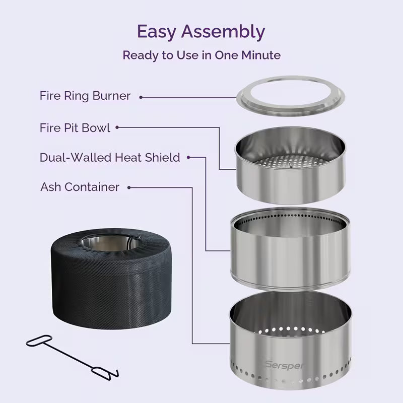 19" Portable 2-in-1 Fire Pit with Adjustable Grill — Wood & Charcoal