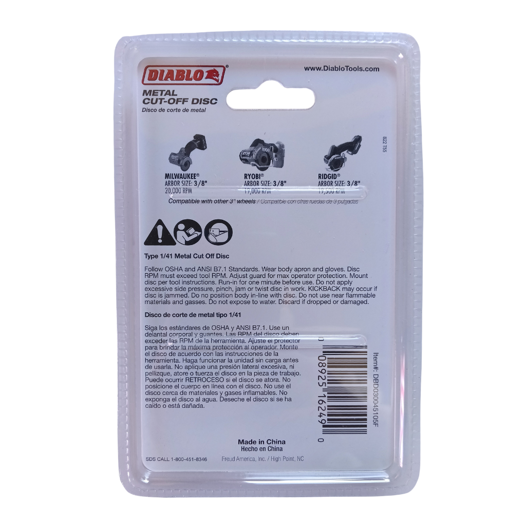 Diablo 3" Metal Cut-Off Discs (5-Pack) - .045" Thin Kerf, 3/8" Arbor
