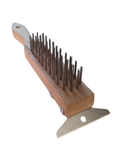 Dynamic 11.25" Heavy-Duty Wire Brush with Integrated Steel Scraper - Wood Handle (00404)