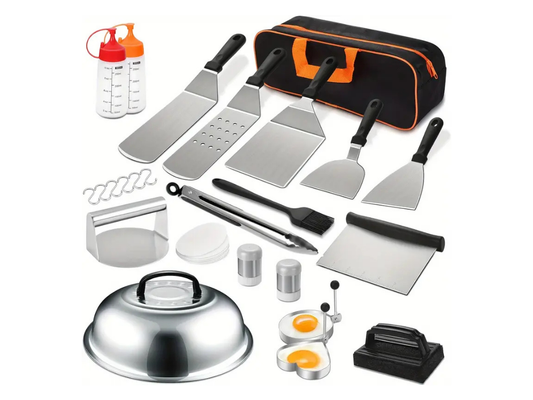 Collection of kitchen utensils including spatulas, grills, and a carrying case on a white background