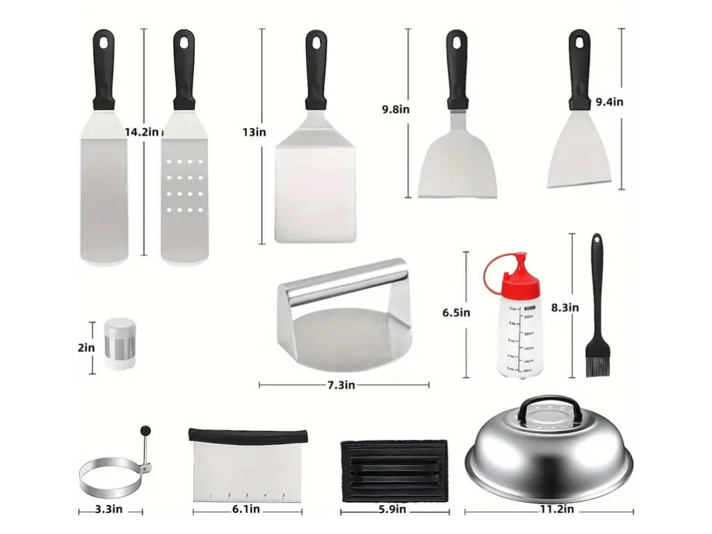 Set of kitchen utensils with measurements on a white background