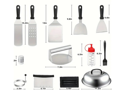 Set of kitchen utensils with measurements on a white background