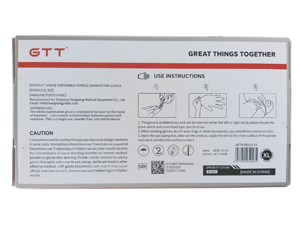 GTT Black Nitrile Examination Gloves - XL - 100 Count Box - ASTM D6319-19 Certified