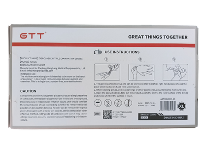 GTT Black Nitrile Examination Gloves - XL - 100 Count Box - ASTM D6319-19 Certified