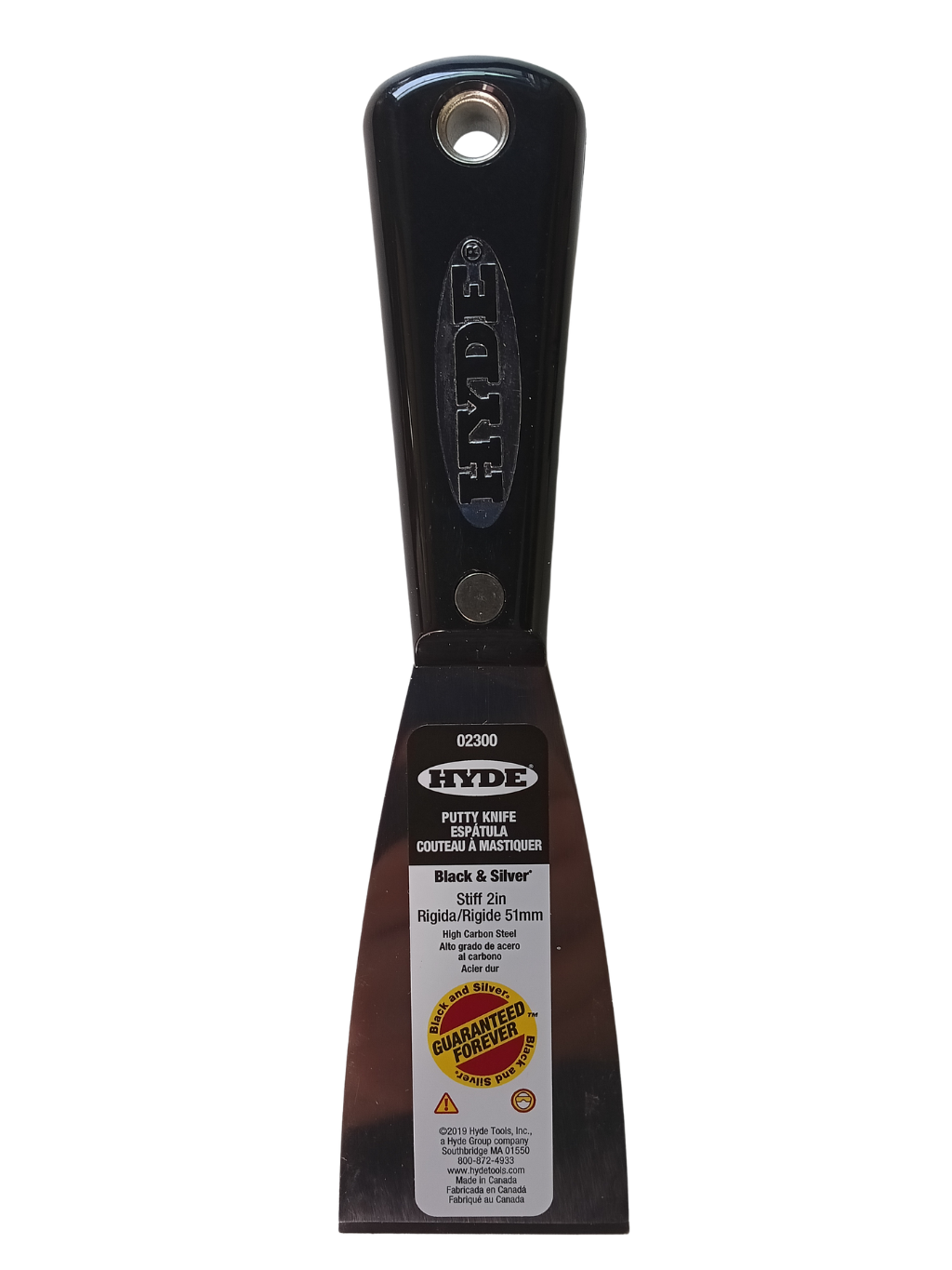 Hyde Black & Silver 2" Stiff Putty Knife - High Carbon Steel, Full Tang (02300)
