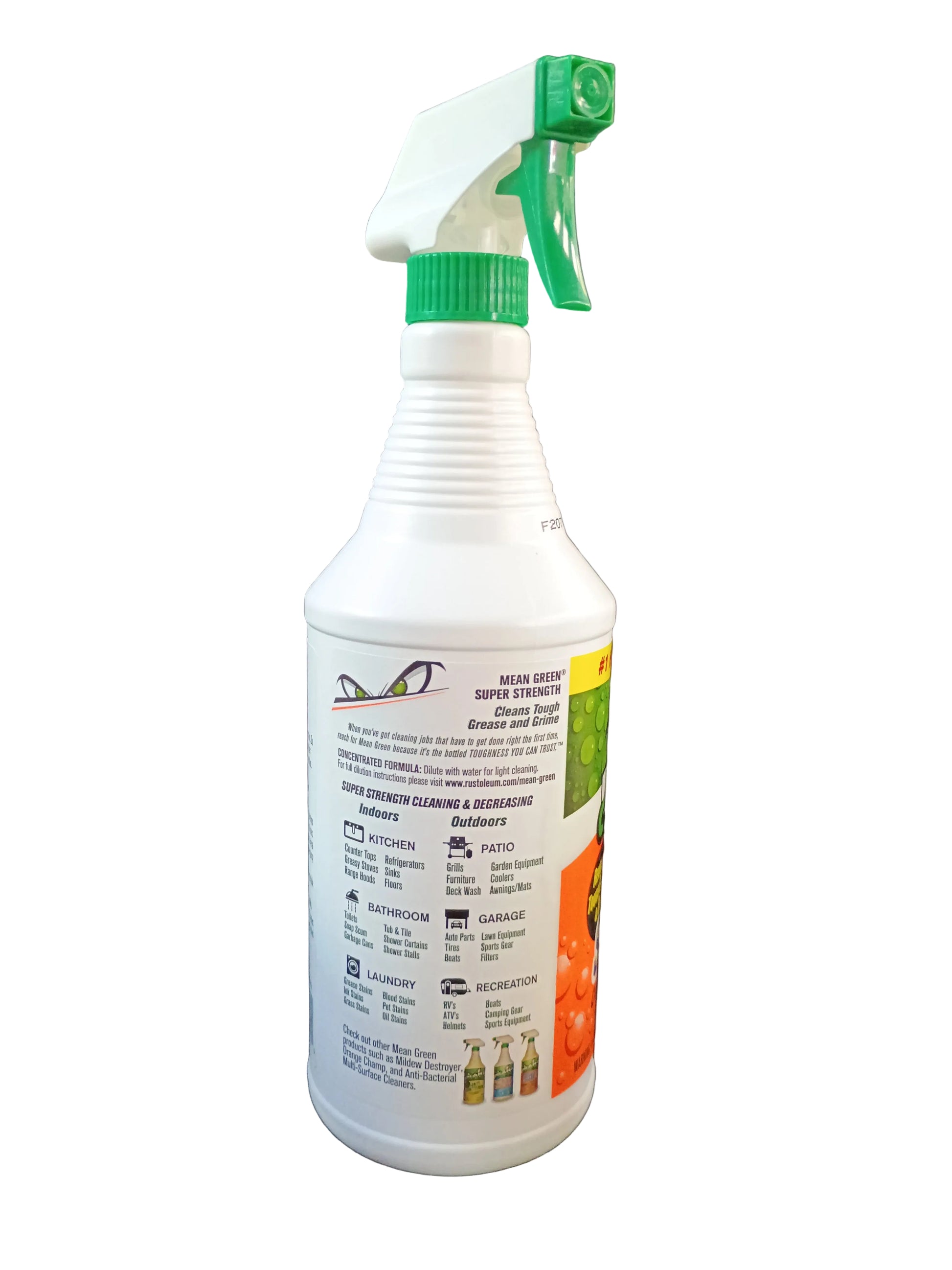 A white spray bottle of mean green all purpose cleaning spray with a green trigger sprayer, with a white background.