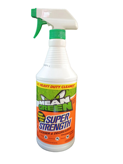 A bottle of Mean Green Super Strength Cleaner & Degreaser spray, featuring a white plastic bottle with a green trigger sprayer and a colorful orange and green label, set against a white background.