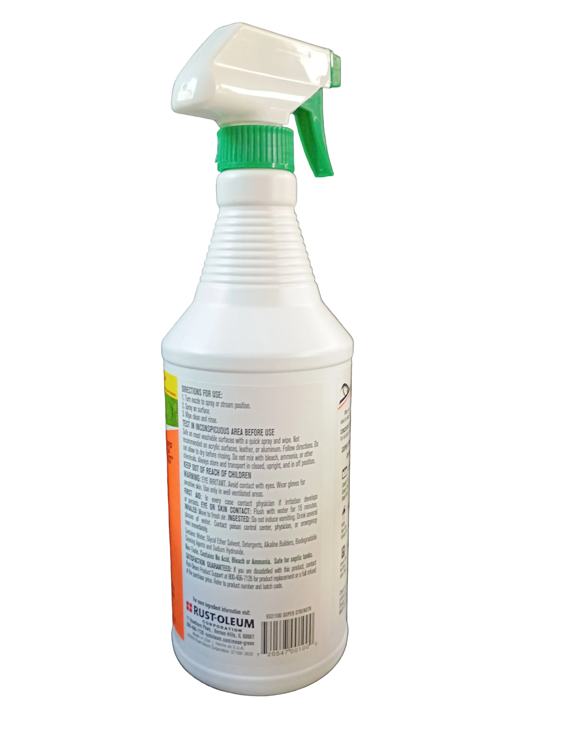 A white spray bottle of Rust-Oleum mean green cleaner with a green trigger sprayer, shown from the back against a white background.