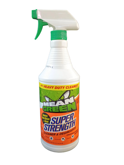 A bottle of Mean Green Super Strength Cleaner & Degreaser spray, featuring a white plastic bottle with a green trigger sprayer and a colorful label, set against a white background.