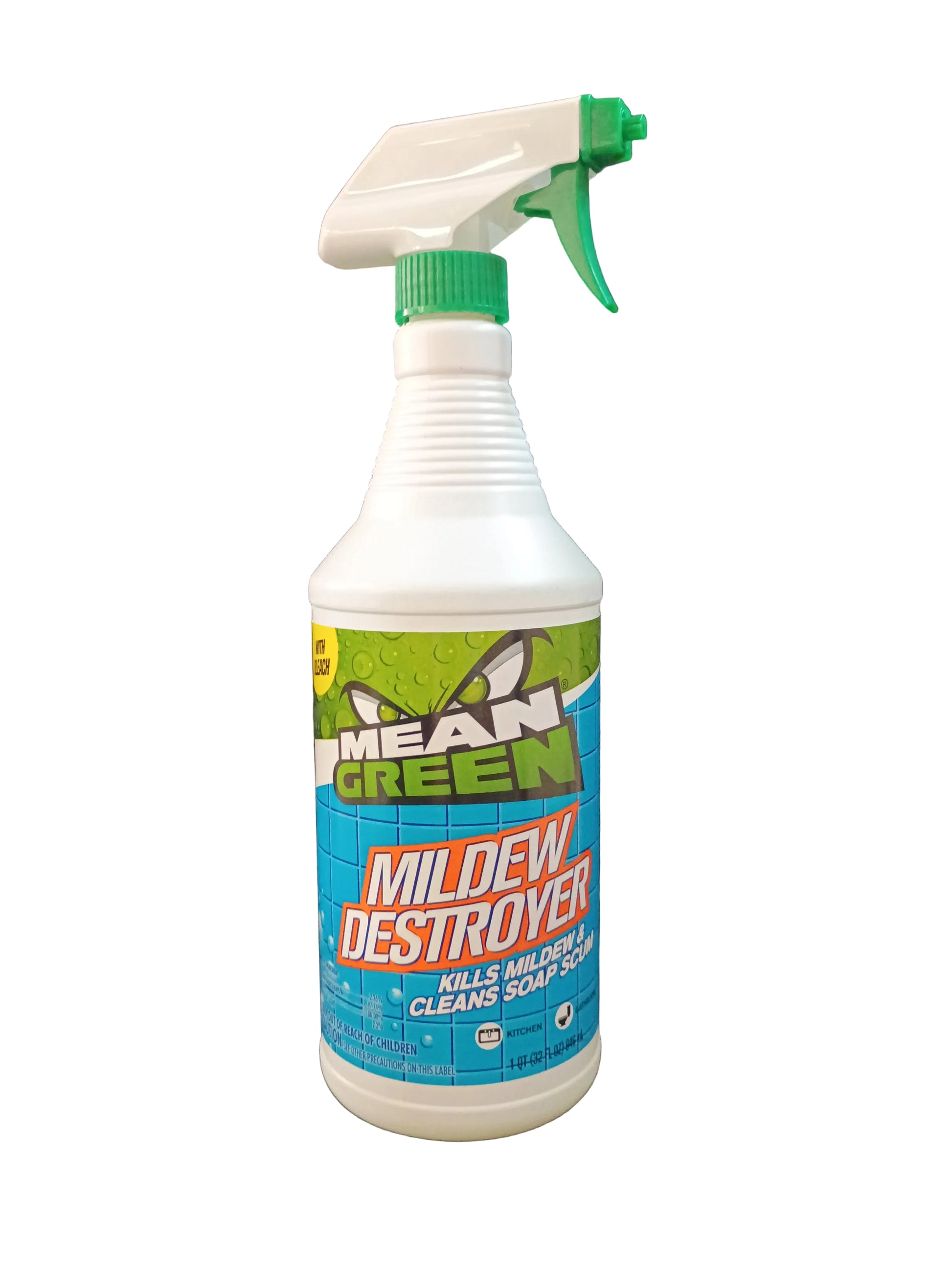 A bottle of Mean Green Mildew Destroyer spray cleaner with a white plastic body, green trigger sprayer, and a blue and green label, set against a white background.