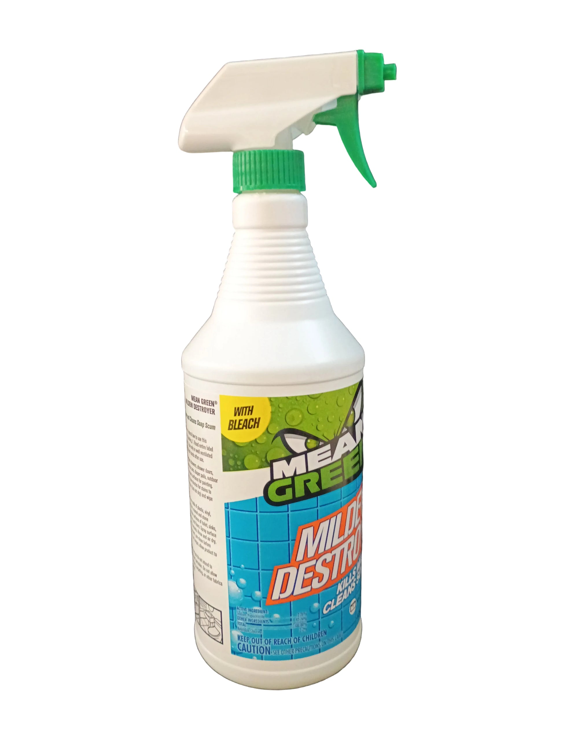A bottle of Mean Green Mild Destroker Cleaner & Disinfectant spray, featuring a white plastic bottle with a green trigger sprayer and a blue and green label, set against a white background.
