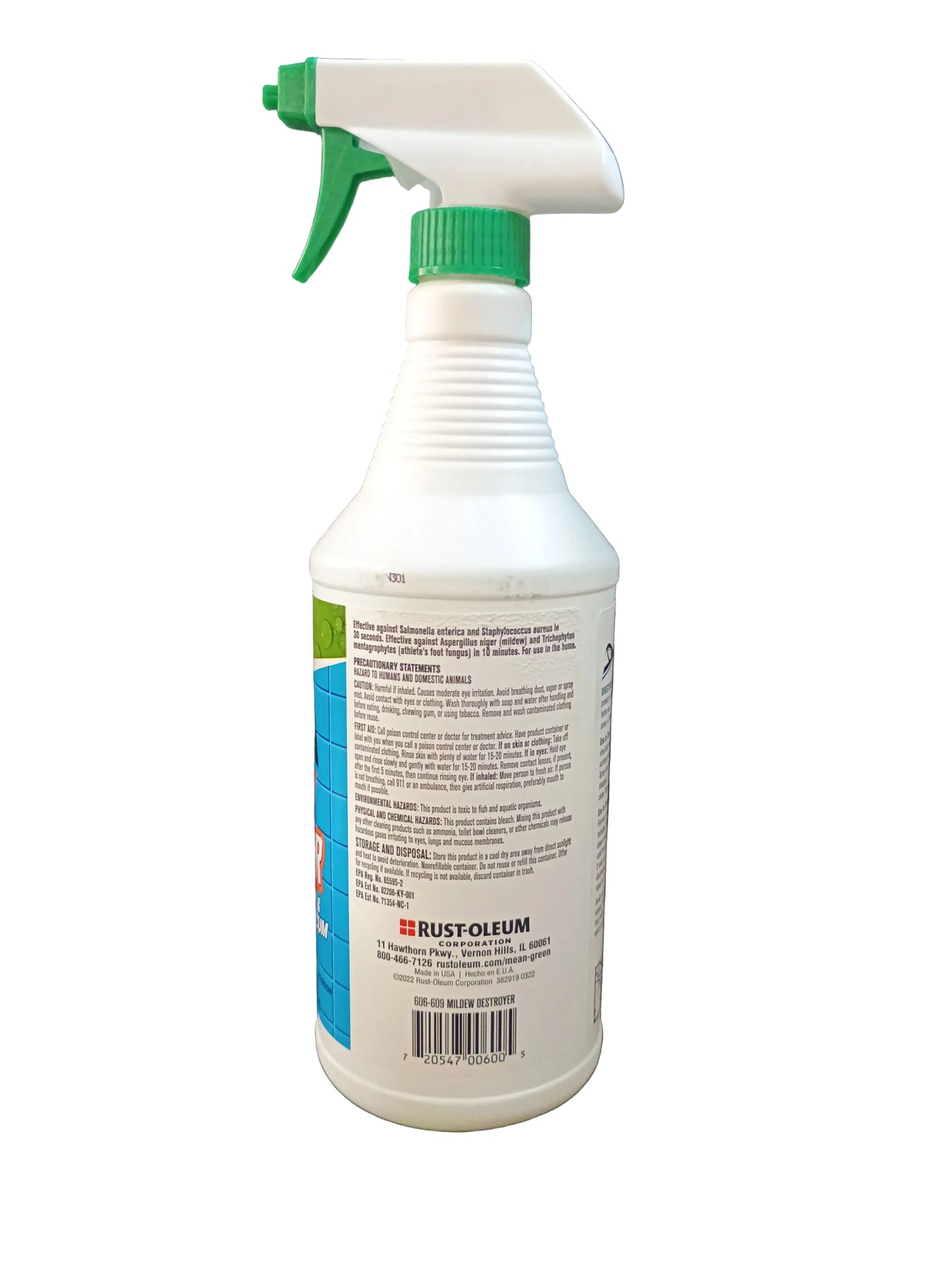 A white plastic spray bottle with a green trigger sprayer and green cap, showing the back label of a Rust-Oleum mean green mildew destroyer, set against a white background.