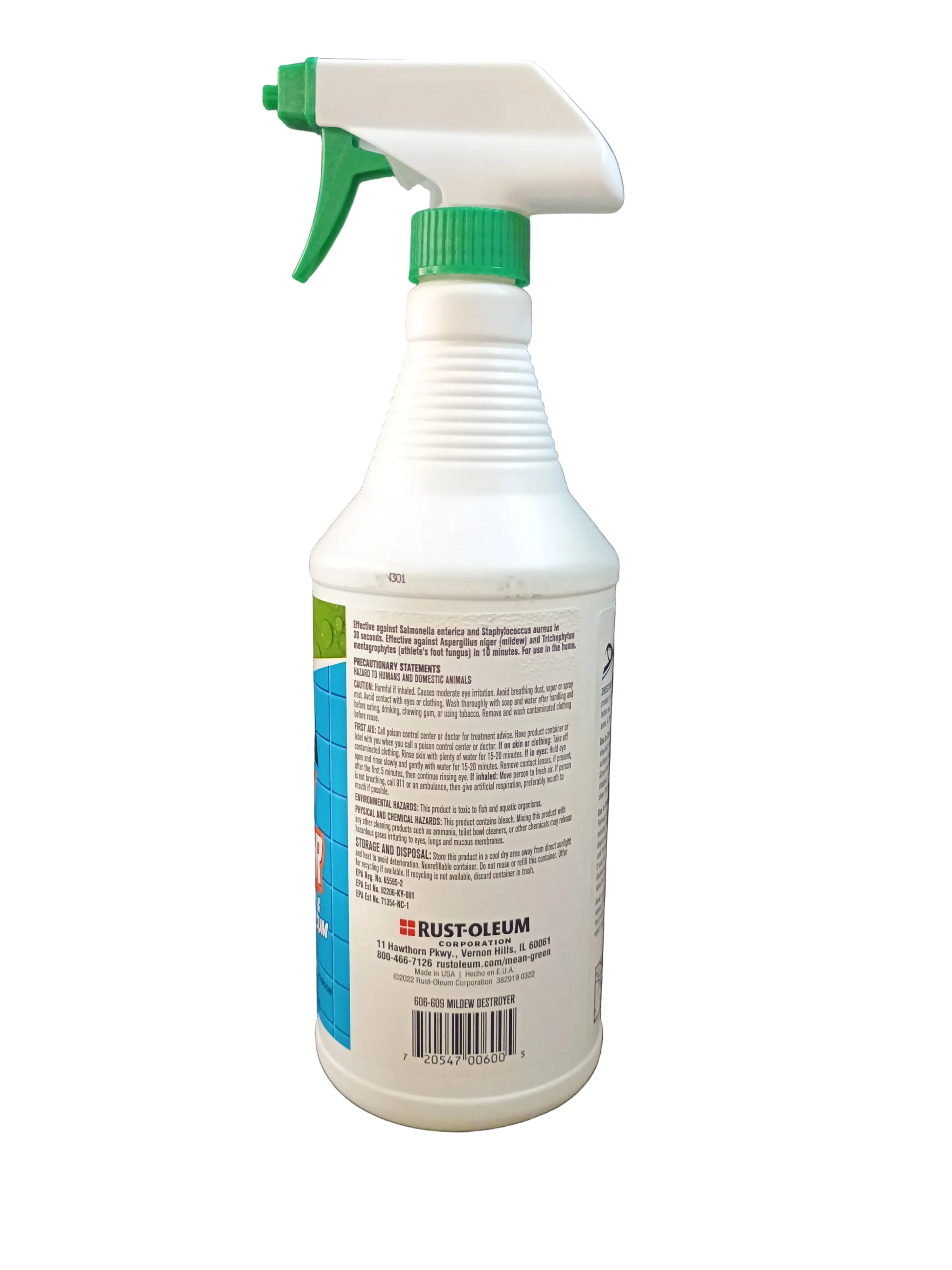 A white plastic spray bottle with a green trigger sprayer and green cap, showing the back label of a Rust-Oleum mean green mildew destroyer, set against a white background.