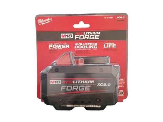 Milwaukee M18 RedLithium Forge XC8.0 cordless battery in its original retail blister packaging, featuring a red and black card backing with product specifications with a white background.