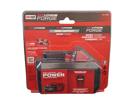 Milwaukee M18 Red Lithium Forge high output 18V power tool battery in its original retail blister packaging, featuring a black and red battery with a clear protective cover, with a white background.