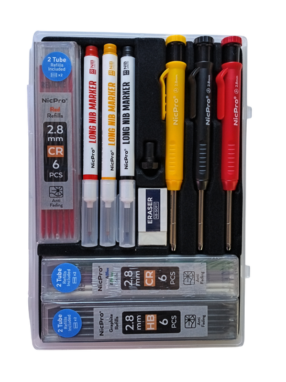 Nicpro 10-Piece Mechanical Carpenter Pencil & Long Nib Marker Set - 2.8mm Deep Hole Kit