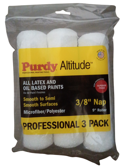 A 3-pack of Purdy Altitude 3/8" nap professional paint rollers in a clear plastic bag with a yellow and black label.