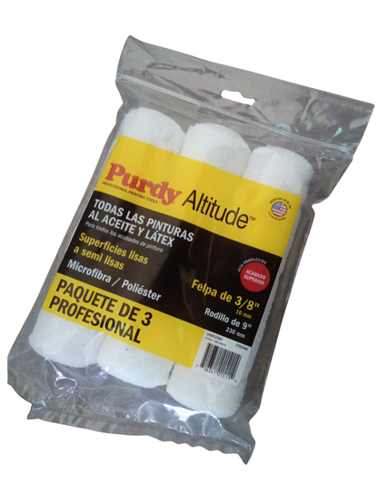 A package of three white paint rollers in a clear plastic bag with a yellow and black label. The brand 'Purdy' is clearly visible on the label.