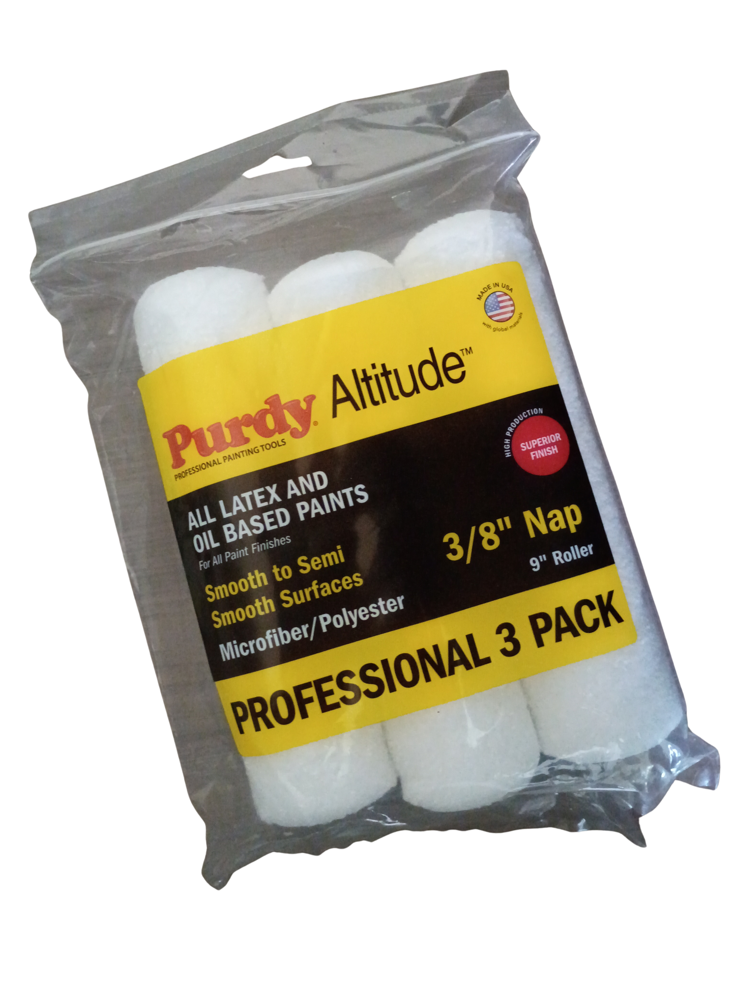A 3-pack of Purdy Altitude 3/8 inch nap roller pads in a clear plastic bag with a yellow and black label, shown against a white background.