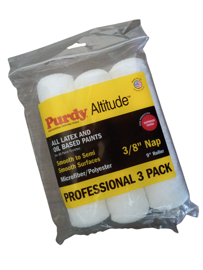 A 3-pack of Purdy Altitude 3/8 inch nap roller pads in a clear plastic bag with a yellow and black label, shown against a white background.