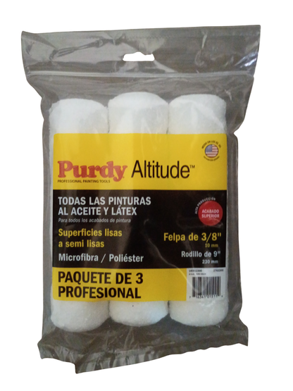 A package of three white Purdy Altitude professional paint rollers in a clear plastic bag with a yellow and black label.