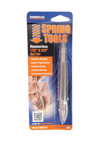 A packaged hammerless spring tool nail punch by Spring Tools, shown in its retail blister packaging against a white background.