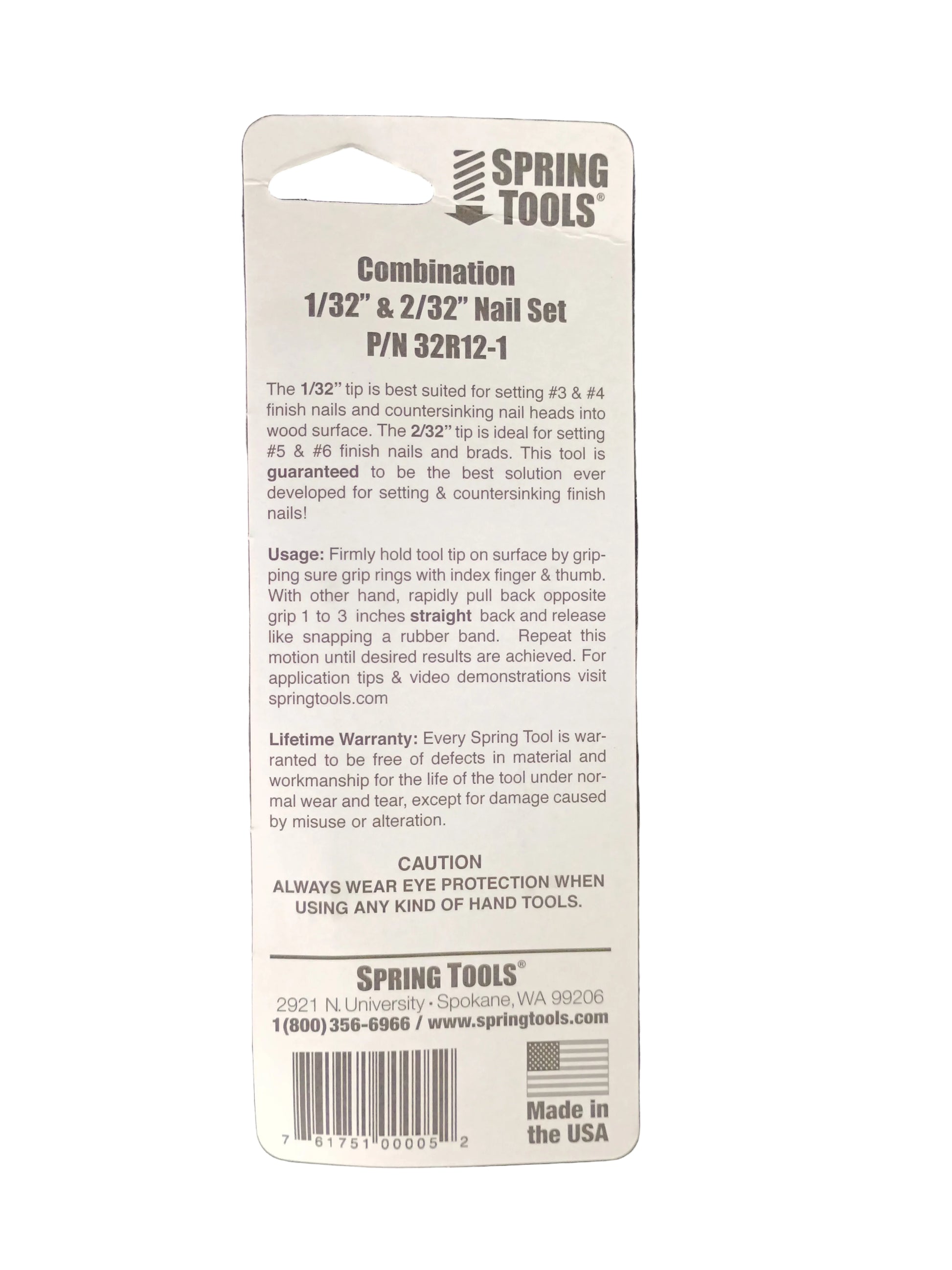 The back of a Spring Tools 1/32" and 2/32" Nail punch, showing product information, usage instructions, barcode, and contact details on a white background.