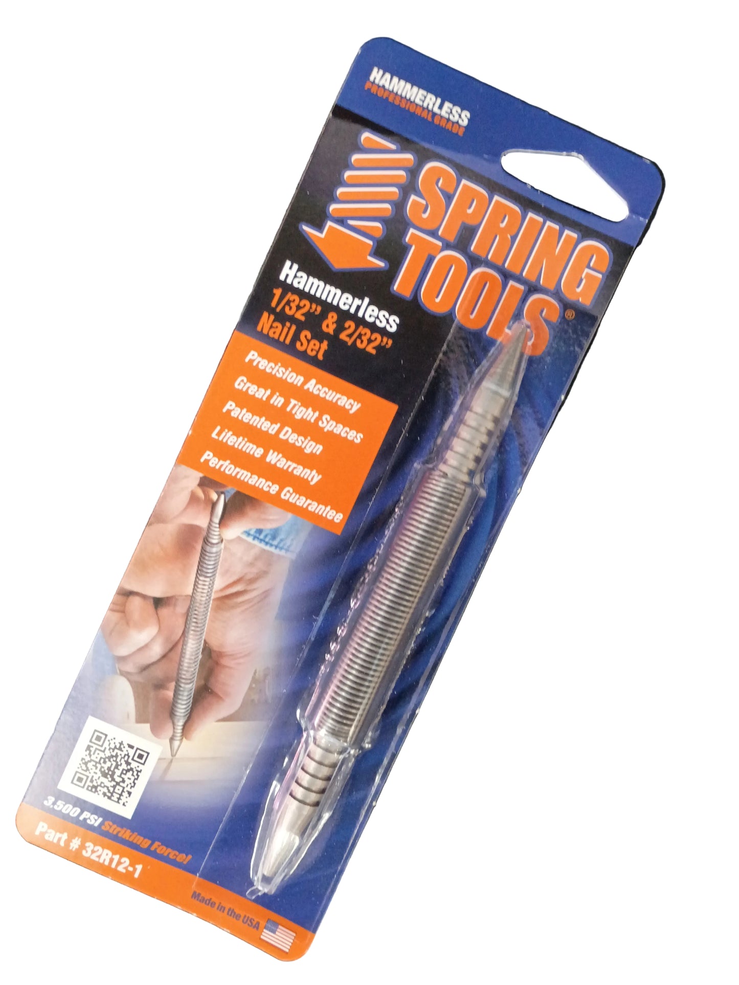 Hammerless spring tool nail punch in retail blister packaging, shown on a white background. The tool is metallic silver with a coiled spring design, and the packaging is blue and orange with product text.
