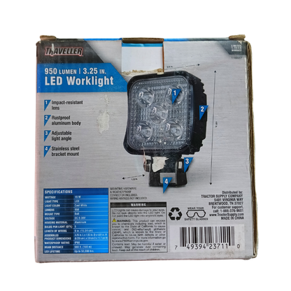 Traveller 950 Lumen LED Spot Work Light - 15W Square IP67 Matte Black Utility Lamp